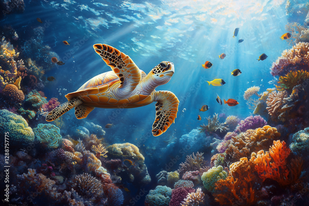 Fototapeta premium a coral reef ecosystem showcasing intricate coral textures with clownfish swimming around their anemone homes