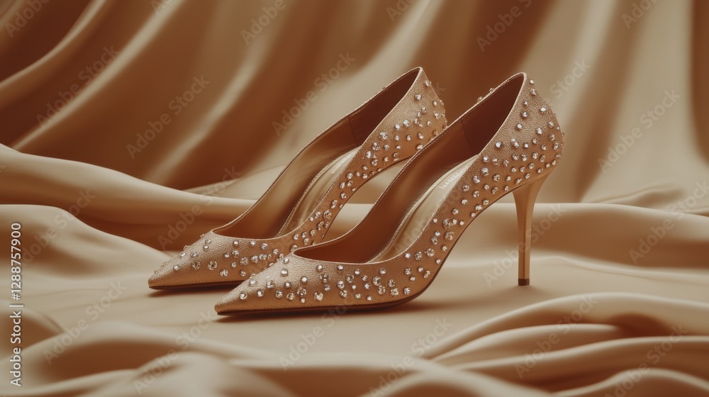 Obraz premium A pair of glamorous champagne-colored high heels with sparkling details, placed on satin.
