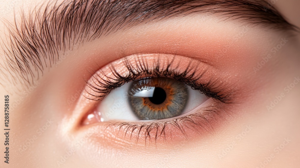 Close up of a stunning female eye featuring long black eyelashes and flawless makeup, highlighting a captivating grey iris and perfectly shaped eyebrow Close up of a stunning female eye featuring long black eyelashes and flawless makeup, highlighting a captivating grey iris and perfectly shaped eyebrow