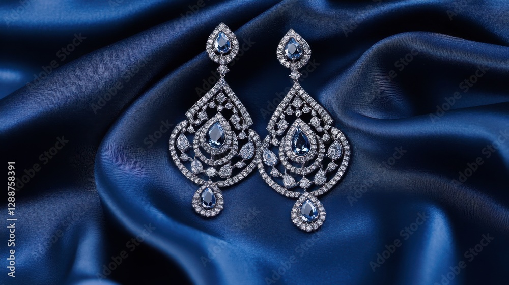 Obraz premium A pair of intricate diamond chandelier earrings displayed against a rich navy-blue silk fabric for a royal look.