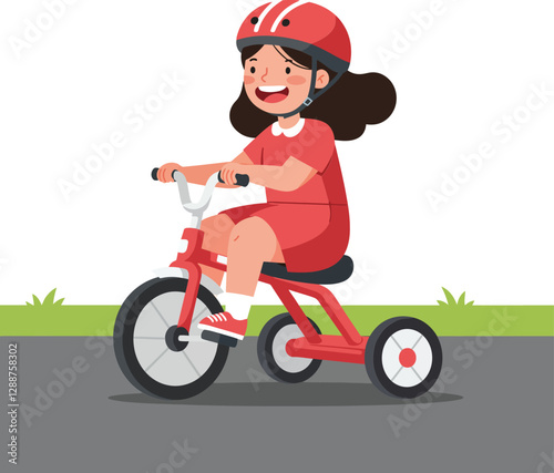 Happy girl riding a red tricycle in a flat and colorful vector illustration
