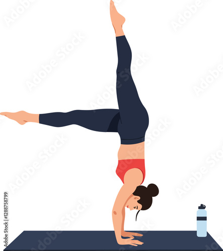 Woman performing a handstand on a yoga mat in flat vector illustration