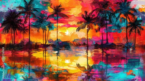 Fototapeta Naklejka Na Ścianę i Meble -  Vibrant abstract tropical sunset with palm trees silhouetted against a colorful sky and sea beach. Cuban, Caribbean or Hawaii landscape made in brushstrokes of orange, blue and red colors