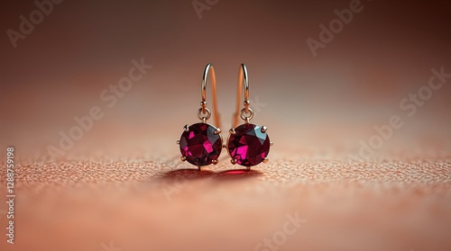 Ruby drop earrings on soft background for bridal catalogs, gift guides, and jewelry store promotions photo