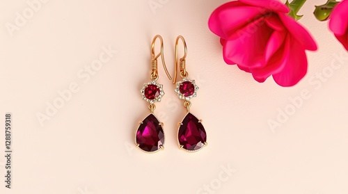 Ruby teardrop earrings with pink flower for fashion blogs, jewelry catalogs, and gift guides photo