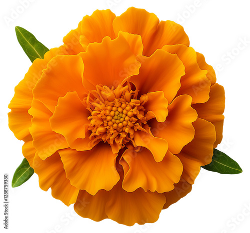 A vibrant orange marigold flower with delicate ruffled petals and green leaves against a black background.