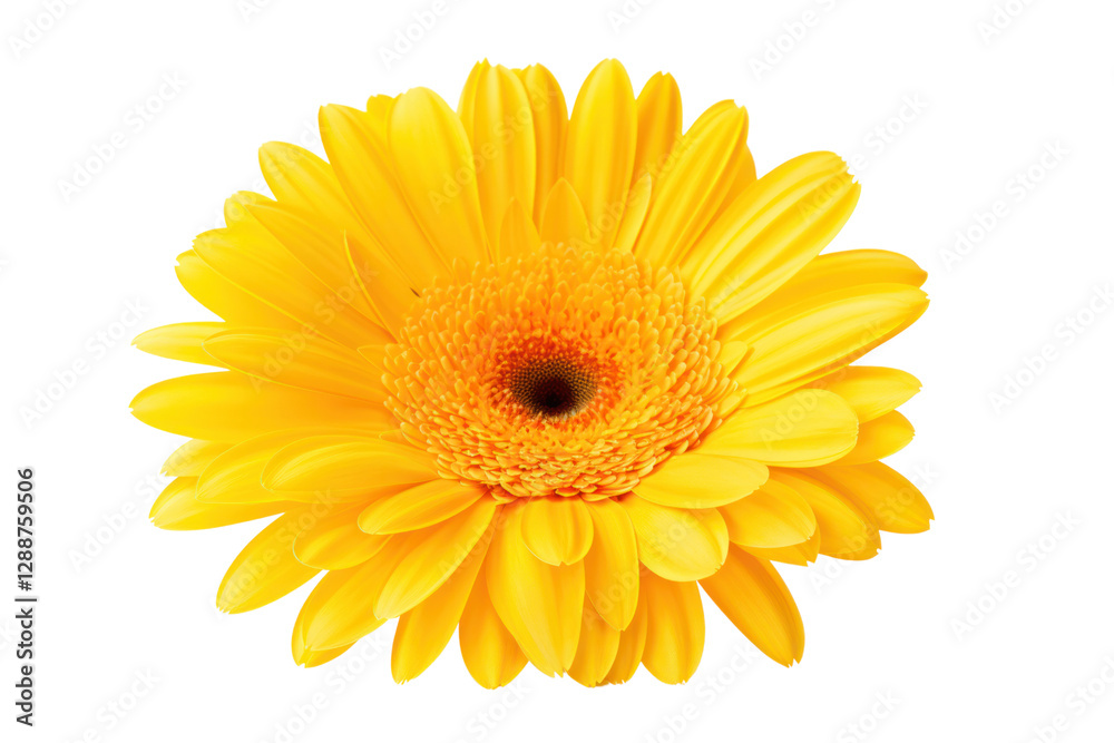 Elegant yellow gerbera daisy positioned with full bloom and clear, bright colors, isolated on white background