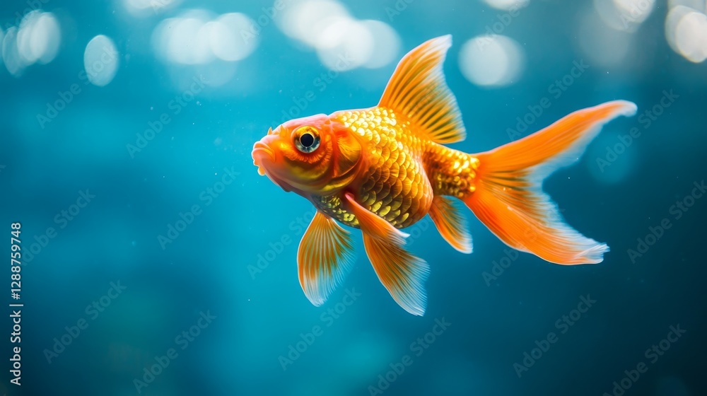 Graceful swimming of a goldfish in a serene aquarium setting Graceful swimming of a goldfish in a serene aquarium setting