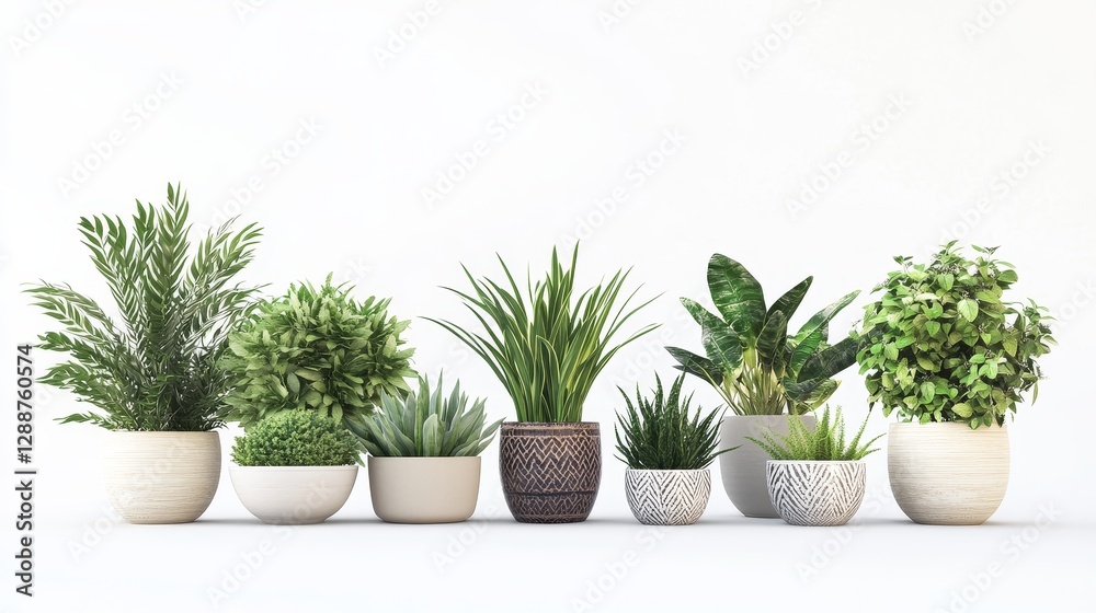 Fototapeta premium Assorted Potted Plants on White Backdrop, Home Decor , Indoor Plants