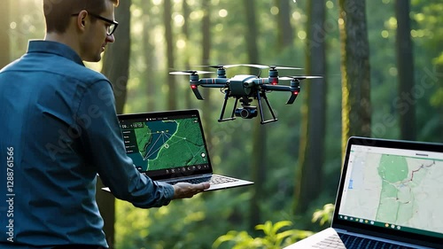 Man Operating Drone in Forest with Laptops Displaying GPS Maps and Tracking Data for Aerial Surveying or Mapping

 photo