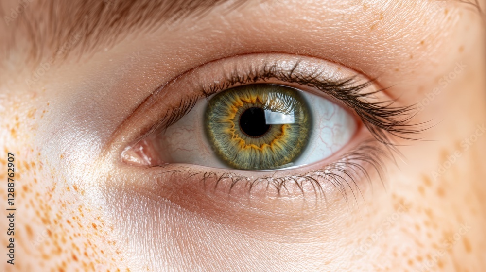 Fototapeta premium Macro photography showcasing the intricate details of a green eye, highlighting the iris, pupil, eyelashes, and surrounding skin, emphasizing eye health and vision care