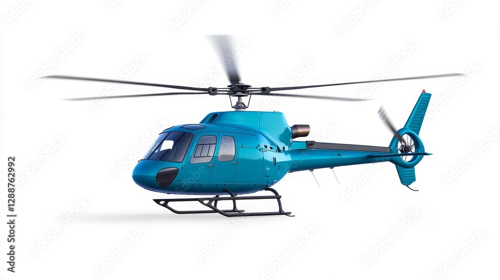 Fototapeta premium Teal Helicopter on White Background, Aviation , Transport