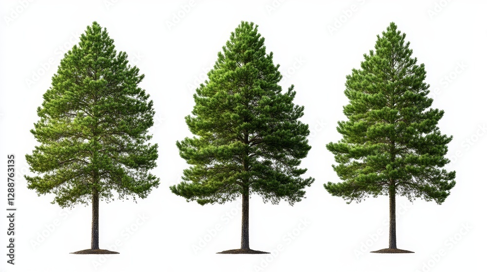 Three Green Pine Trees Isolated on White, Conifer , Evergreen Three Green Pine Trees Isolated on White, Conifer , Evergreen