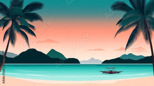 Tropical Beach Scene Palms, Boat, Sunset Illustration, tropical , seascape