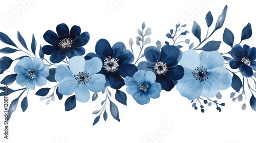 Watercolor Blue Flower Border Floral Arrangement Isolated on White, flower art , watercolor