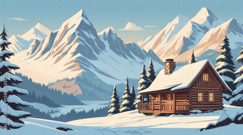 Cozy Wooden Cabin in Snowy Mountain Valley at Sunrise Cozy Wooden Cabin in Snowy Mountain Valley at Sunrise
