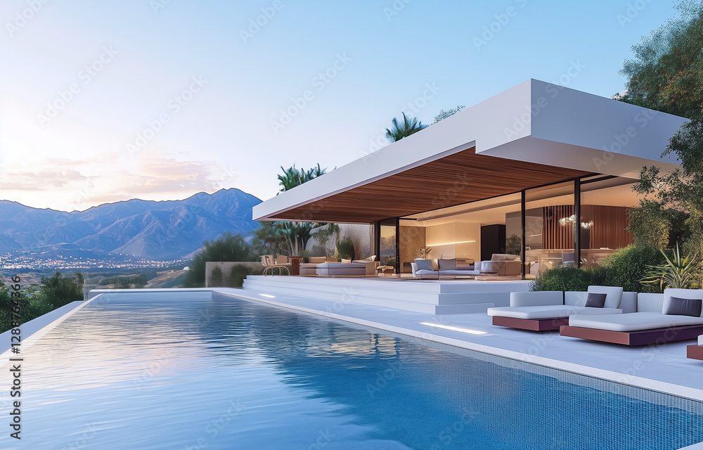 Fototapeta premium Modern house with swimming pool and mountain view at sunset
