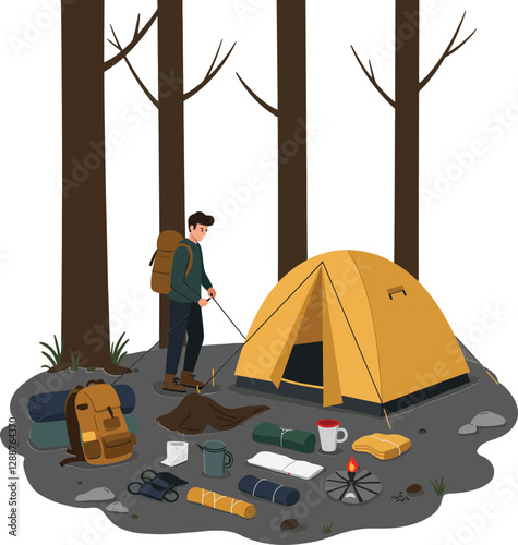 Camping scene with camper setting up tent in a flat vector illustration