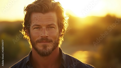 Sun-Kissed Portrait, A Captivating Close-Up of a Man in Golden Light photo