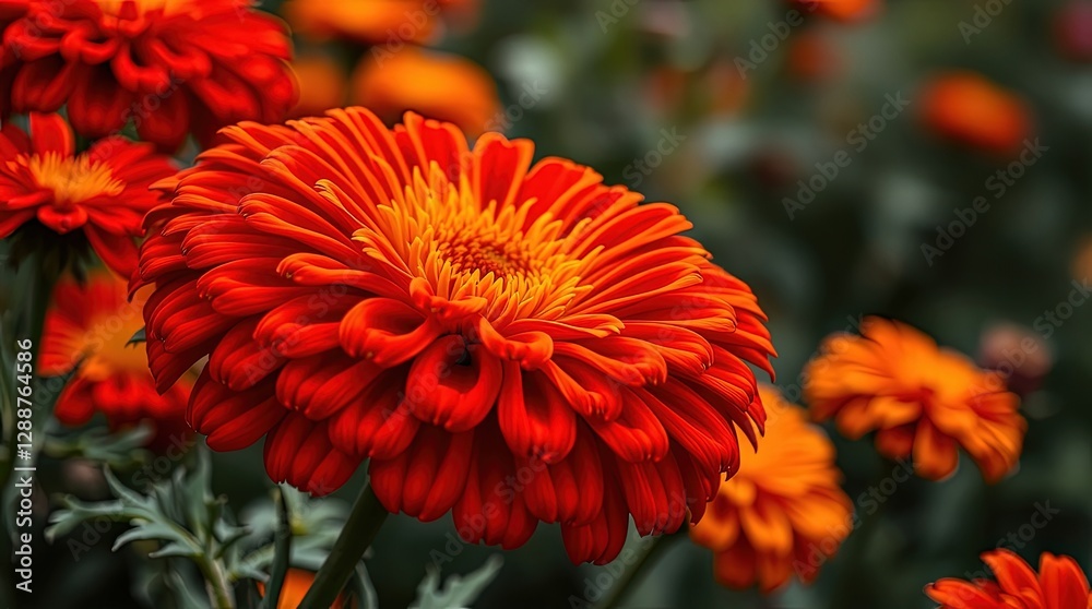 Vibrant red-orange dahlias in garden setting for nature blogs, gardening websites, and seasonal decorations Vibrant red-orange dahlias in garden setting for nature blogs, gardening websites, and seasonal decorations