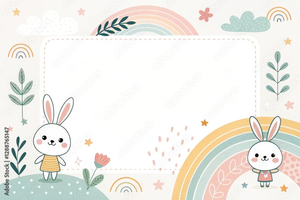 cute bunnies stand around an invitation card which have rainbow and clouds cute bunnies stand around an invitation card which have rainbow and clouds