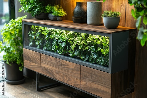 Modern cabinet with built-in greenery bringing nature indoors Lush plants create a vibrant living accent within this sleek furniture piece