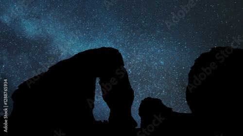 Monolith Elephant rock, Al Ula, Saudi Arabi, Time Lapse by Night with Stars and Milky Way in Background
