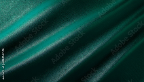 Green emerald teal dark jade abstract background. Silk fabric smooth waves. Soft folds drape texture. Luxurious glossy satin shine. Elegant rich deep color. Light shadow flow. Noise grain texture mesh