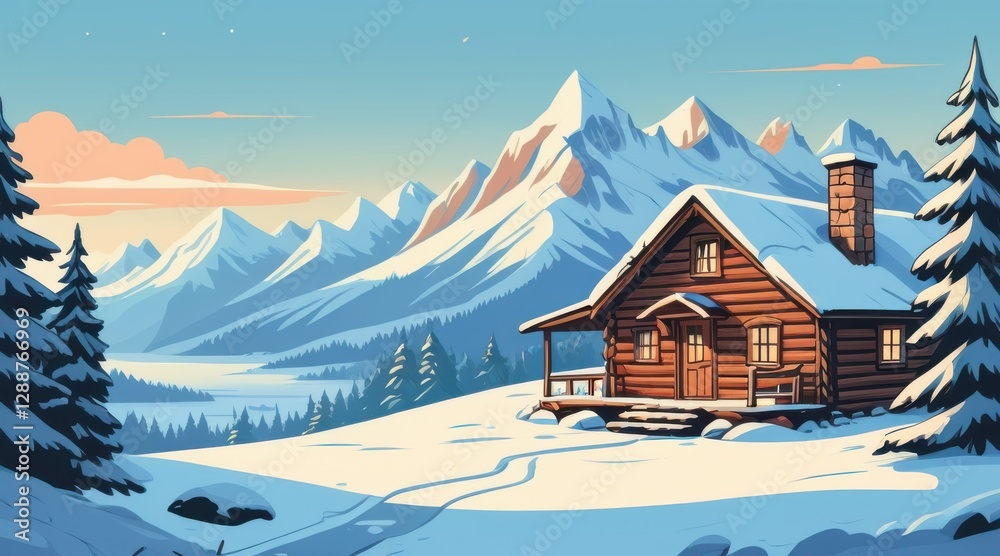 Fototapeta premium Pixel Art Cabin In Snowy Mountains