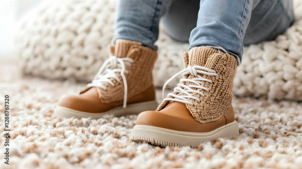 Naklejka premium Cozy, stylish boots on a soft carpet, perfect for autumn or winter fashion. Ideal for casual outings or indoor relaxation.