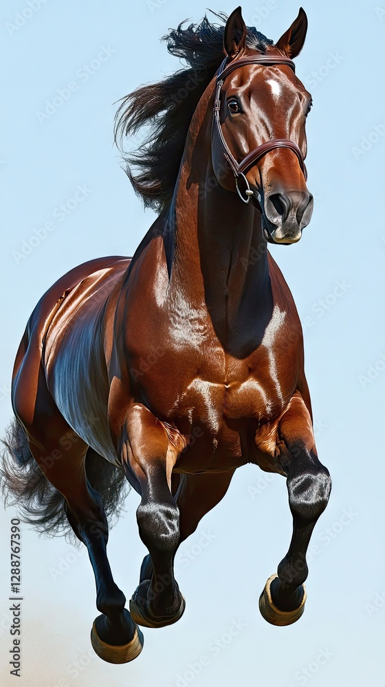 Obraz premium Majestic brown horse leaping, clear sky, equestrian art, website banner