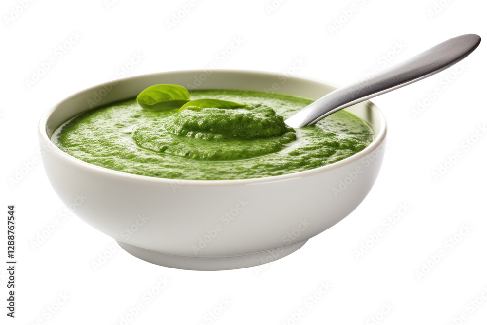 Close-up of a steaming bowl of vibrant green spinach soup with a spoon resting on the edge, set against a plain white background Close-up of a steaming bowl of vibrant green spinach soup with a spoon resting on the edge, set against a plain white background