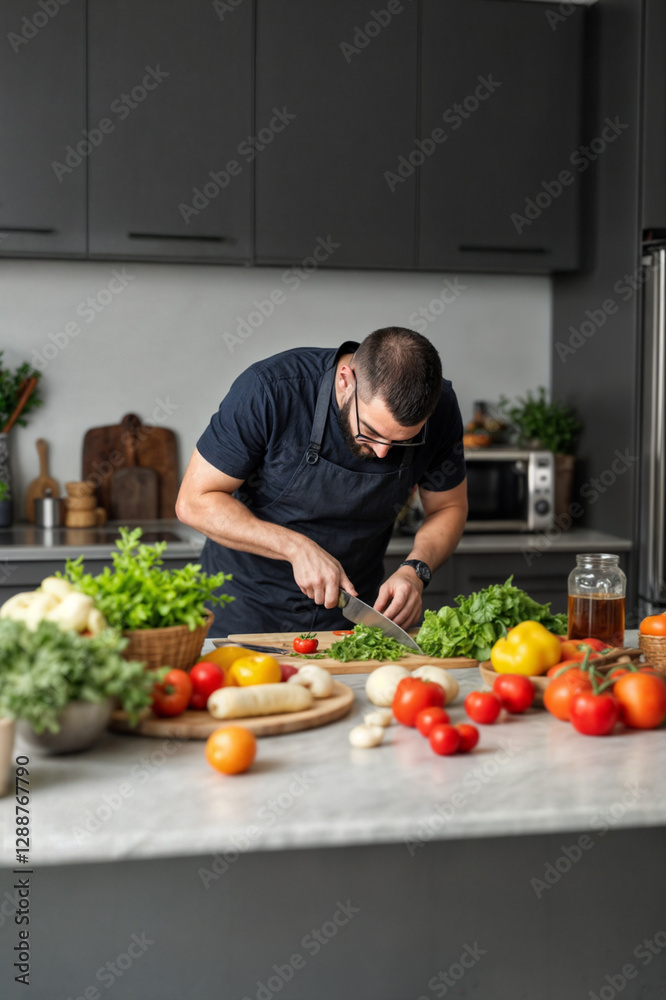 Man in black apron cutting fresh vegetables. Man in black apron cutting fresh vegetables.