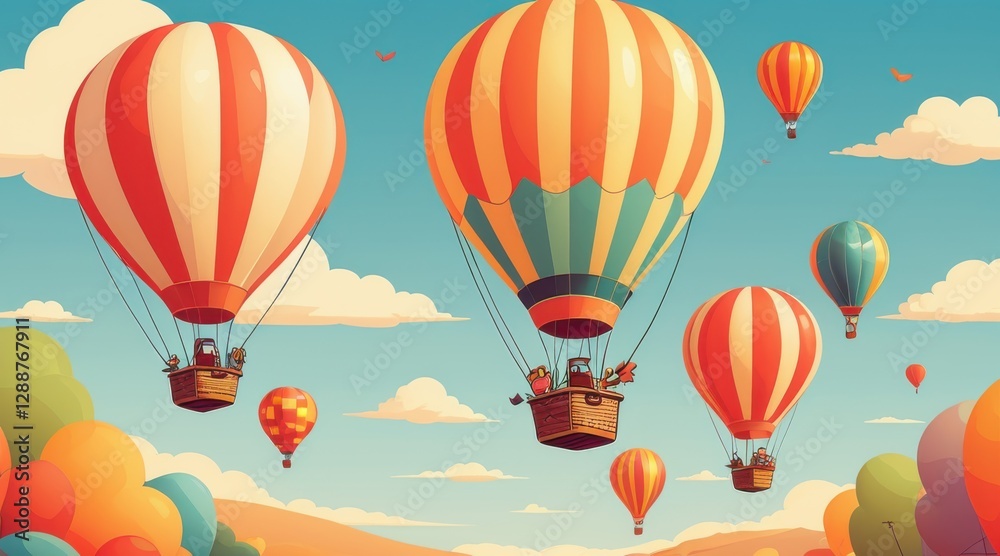 Obraz premium Pixel Art Hot Air Balloons Soaring Over a Sunny Landscape