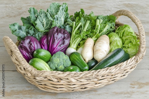 High Angle Shot of a Rustic Basket Filled with Organic Vegetables on a Weathered Wooden Table Perfect for Fresh Produce Promotions