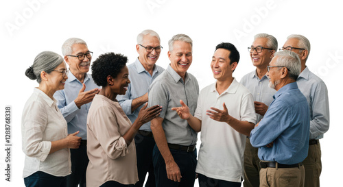 A diverse group of seniors gathers together, sharing smiles and laughter. They engage in a lively conversation, showcasing the warmth of friendship and connection among different backgrounds