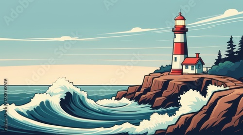 Pixel Art Seascape Red and White Lighthouse on Rocky Coast with Crashing Waves