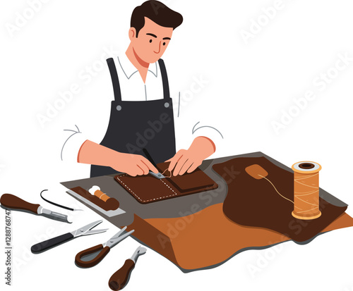 Leather craftsman working with tools in a minimal style vector illustration