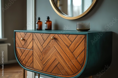 Elegant console table with herringbone wood doors complemented by a round mirror and amber glass bottles