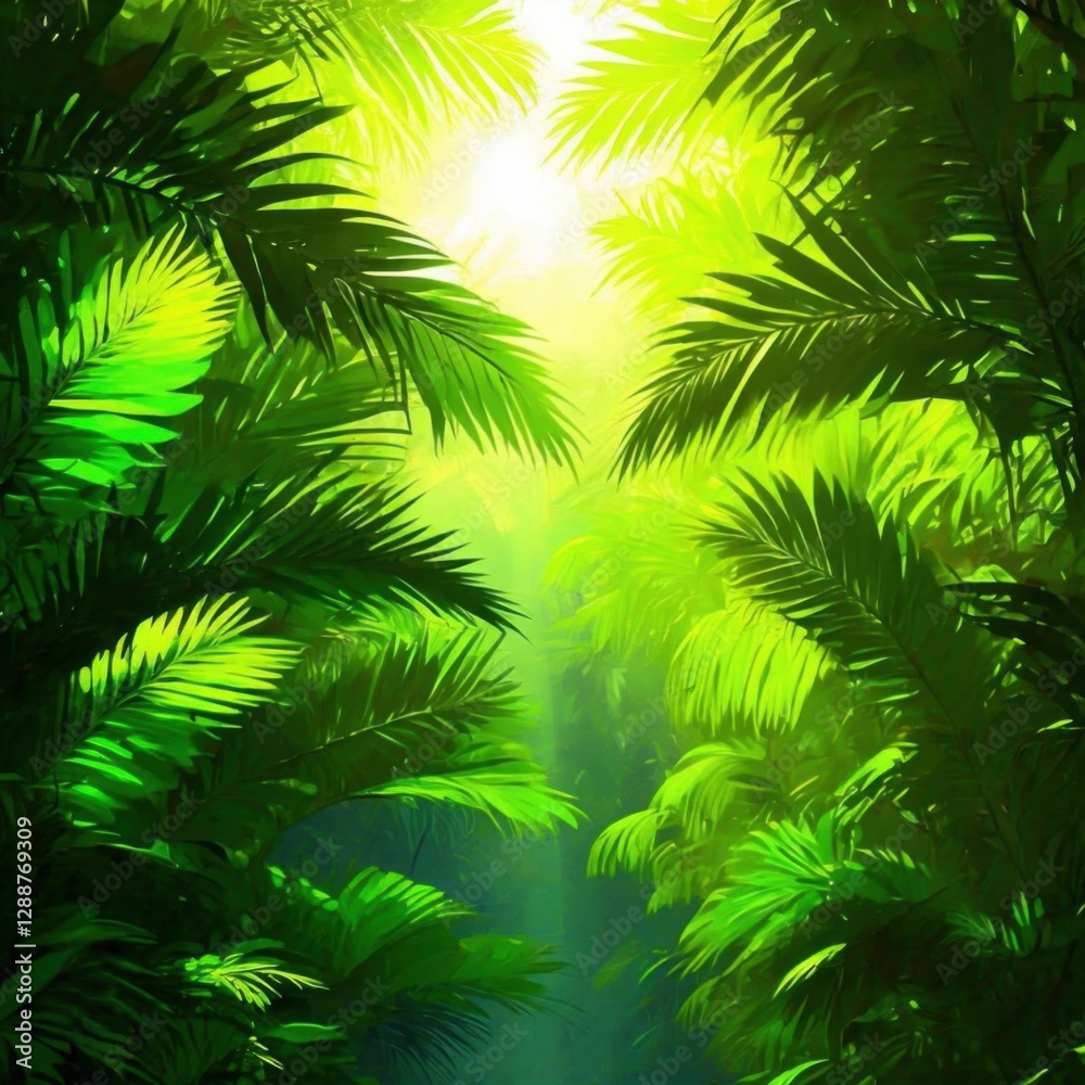 A full background covered with dense tropical palm leaves in bright green shades 2 A full background covered with dense tropical palm leaves in bright green shades 2
