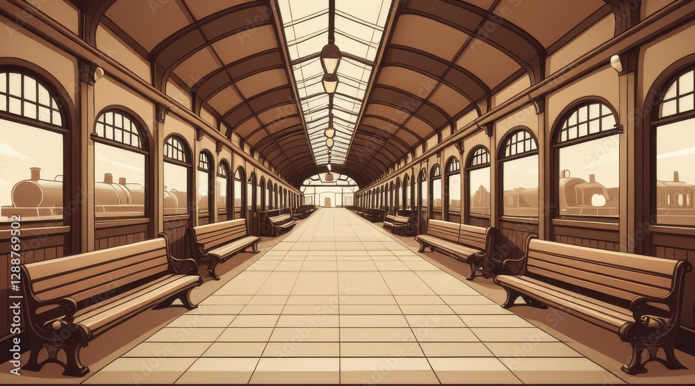 Sepia Toned Pixel Art Train Station Interior with City View Sepia Toned Pixel Art Train Station Interior with City View