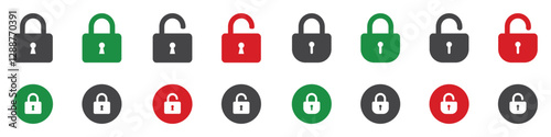 Set of lock icons, lock icon. Close and open lock symbols. Icons of locked and unlocked lock on white background. Safety symbols. Vector illustration.