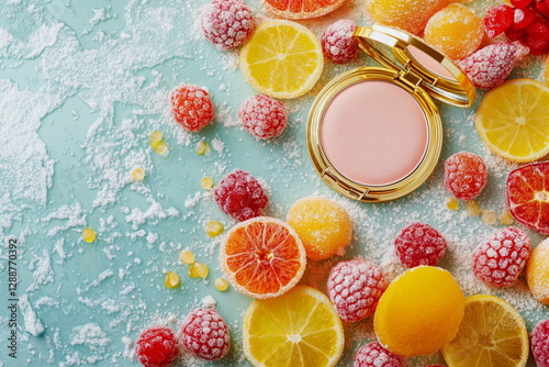 Cosmetic powder with bright fruit jelly sweets on a turquoise background, close-up. Perfect for beauty, skincare, and fun cosmetic product displays.







 photo