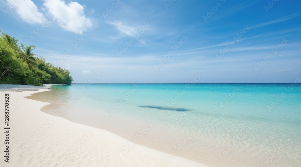Tranquil Tropical Beach Scene White Sand, Turquoise Water, Lush Greenery Tranquil Tropical Beach Scene White Sand, Turquoise Water, Lush Greenery