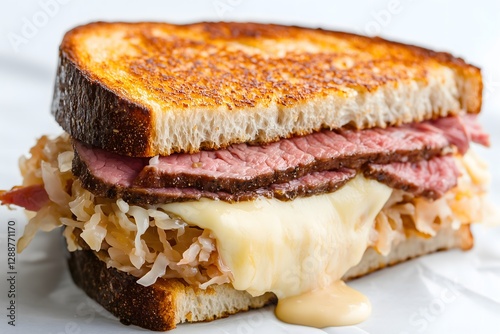 Traditional Reuben sandwich on toasted rye bread with corned beef, sauerkraut, thousand island dressing and melted swiss cheese on a white background