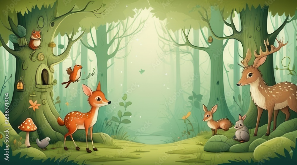 Naklejka premium Whimsical Forest Illustration with Deer and Other Animals