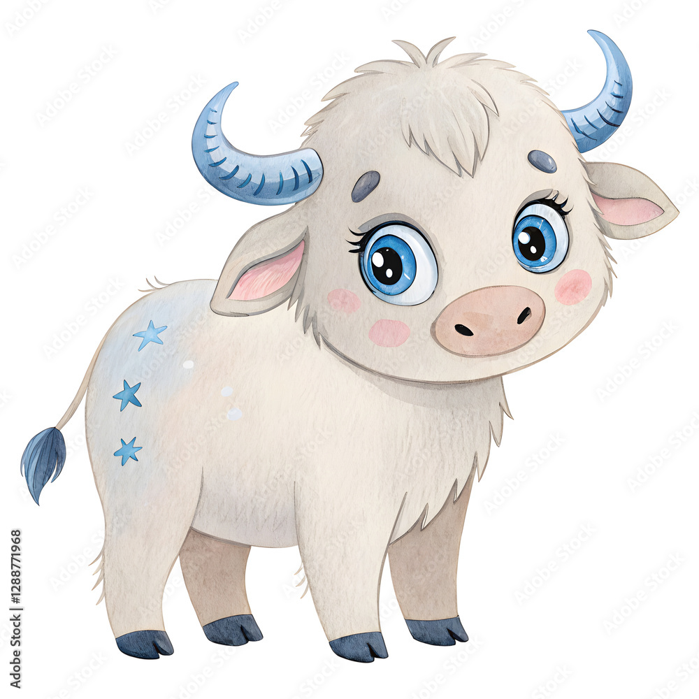 Fototapeta premium Meet the cutest yak! Big blue eyes, fluffy fur, and tiny horns. A whimsical watercolor creation.
