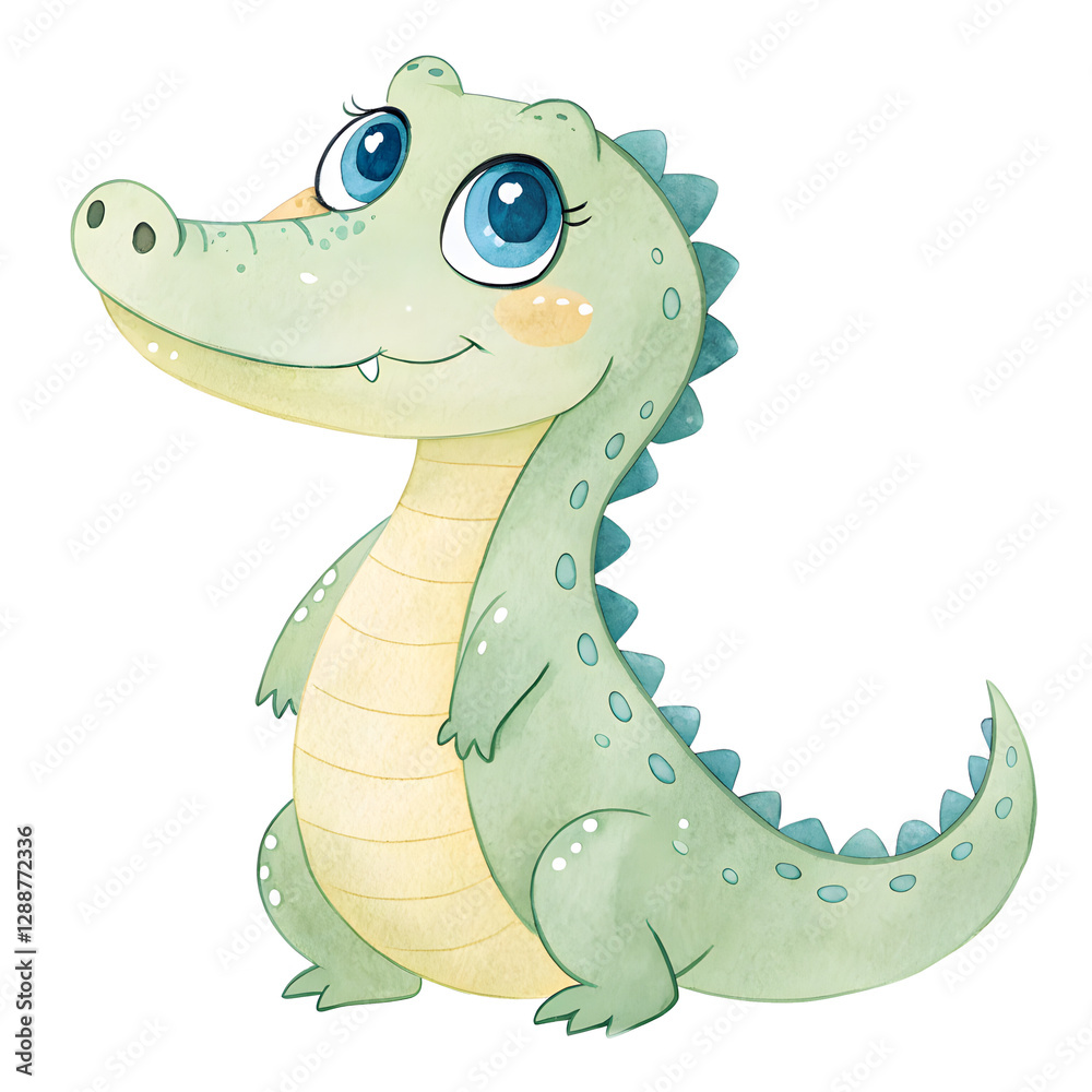 Fototapeta premium Adorable baby crocodile with big blue eyes, sitting, smiling gently. Watercolor style illustration.
