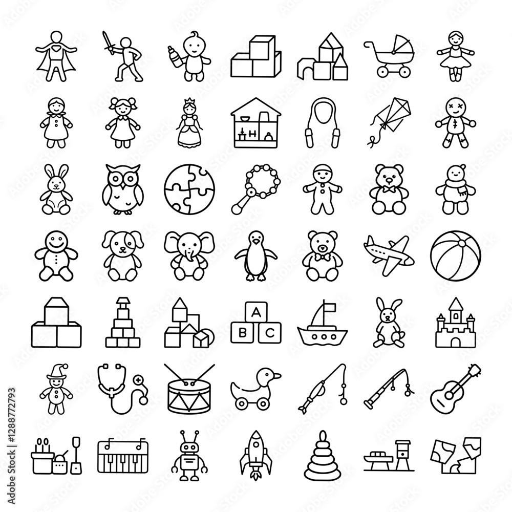 Fototapeta premium Childrens Toys Icons Playthings, Fun, Games, Educational, Cute, Baby, Infant, Kids, Learning, Develo