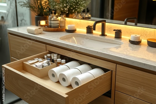 Well-organized bathroom vanity with open drawer showcasing storage solutions and elegant design elements creating a serene atmosphere